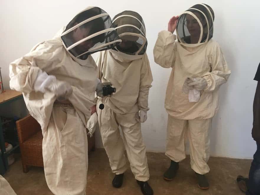 Design abroad students try on beekeeping suits
