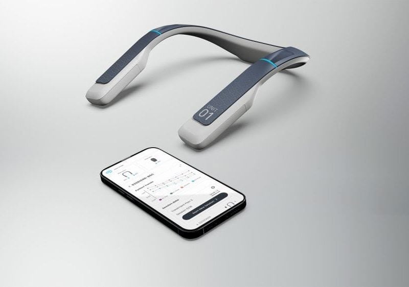 wearable bioelectronic system next to a phone app