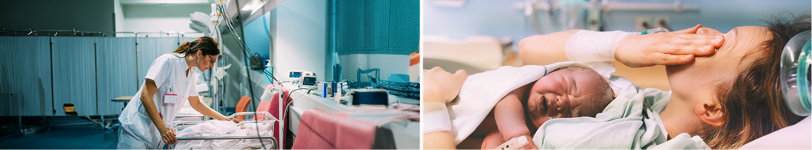 On the left, a nurse taking care of infant at the hospital. On the right another image of a mother who just gave birth and his holding her infant. 