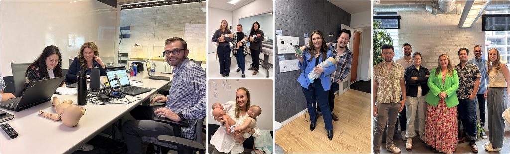 Collage of multiple photos of the Cortex Design team working with TheraB Medical's founder Alexa Jones