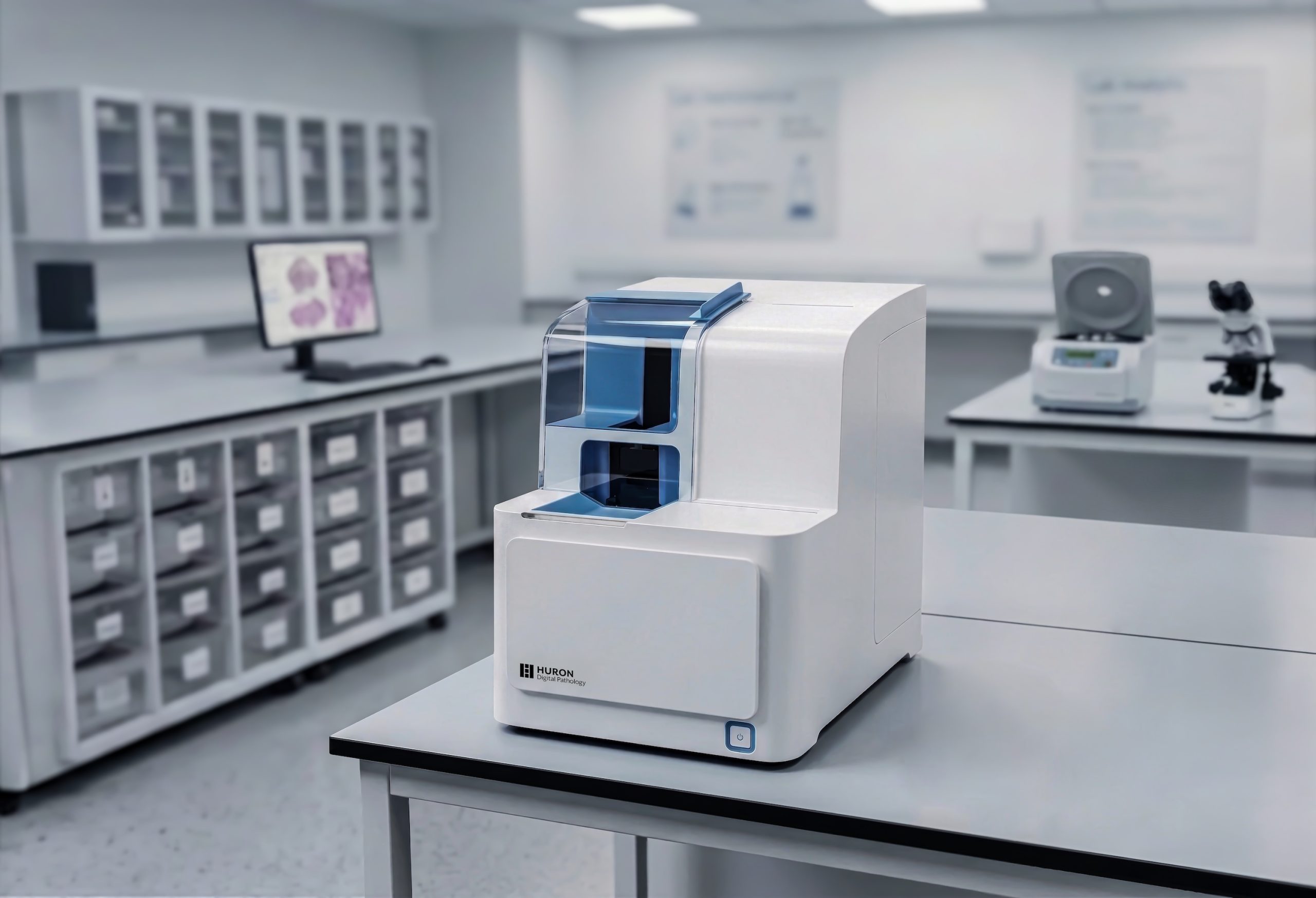 Huron Digital Pathology scanner with front display and internal components visible through a blue-tinted window in a lab environment.